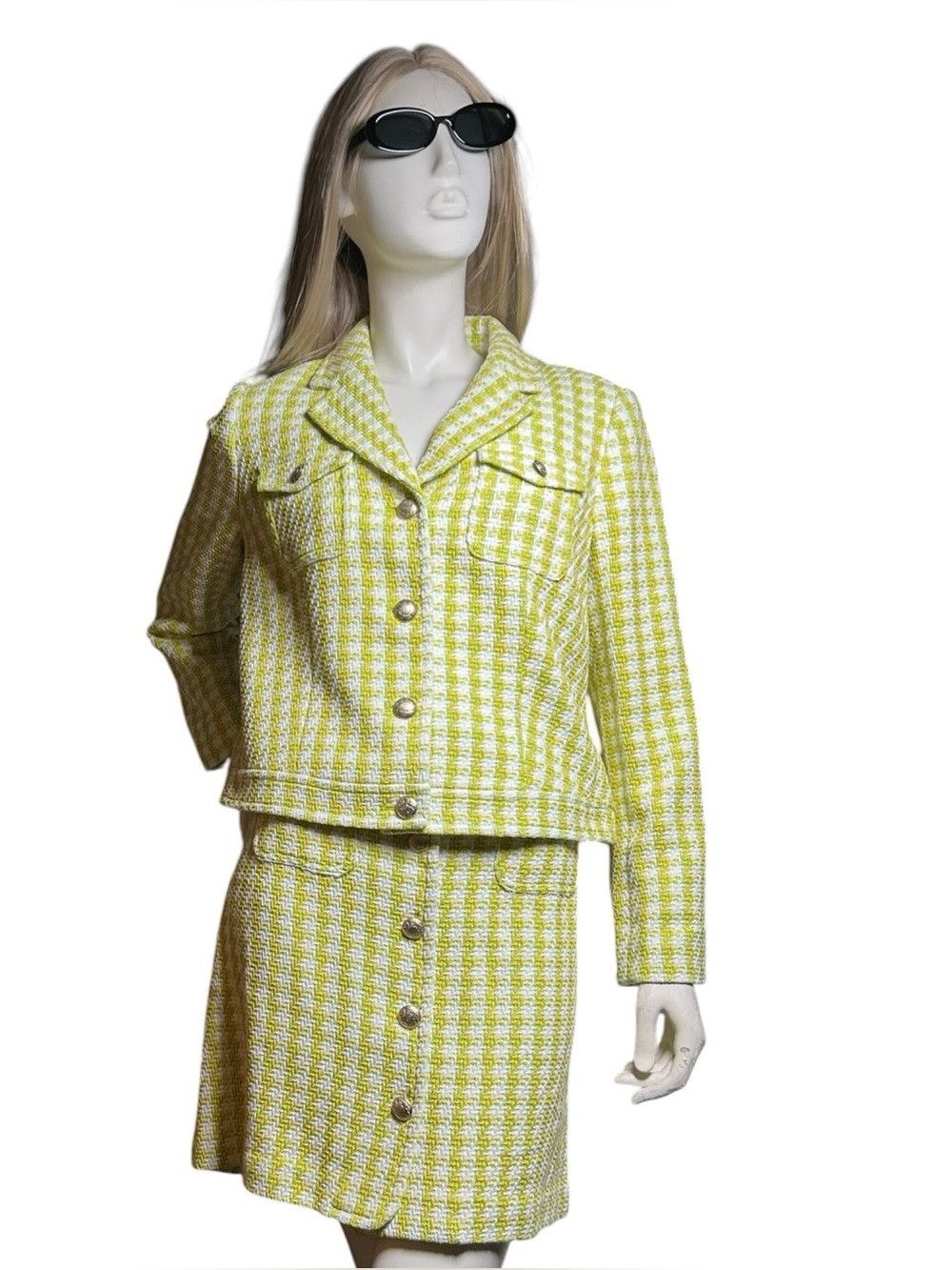 Talbots Stride Tweed Lime Green Houndstooth Skirt Suit NWT 10P